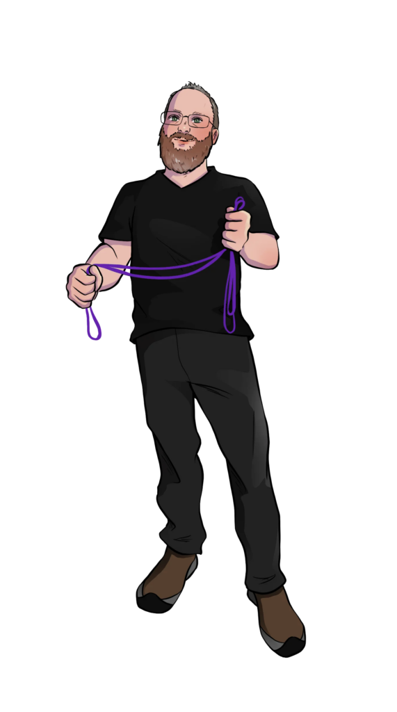 The Jolly Dom cartoon figure of me holding some purple rope